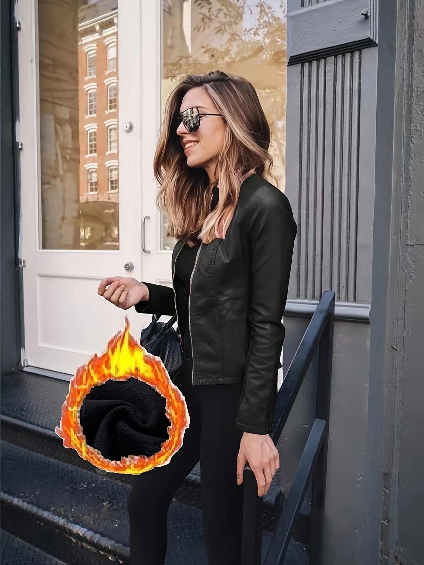 Women's Fleece-Lined Zip-Up Jacket with Crew Neck Long Sleeves Waterproof Fall Winter