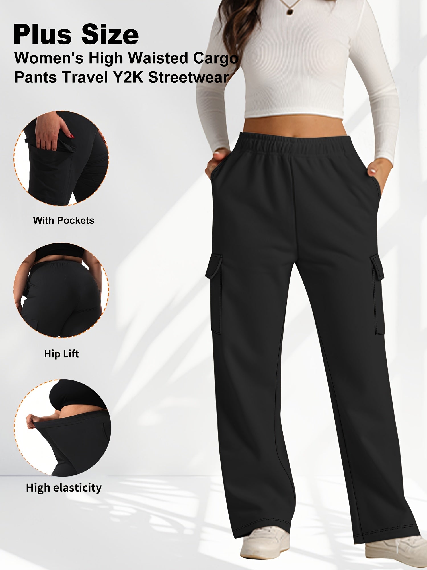 Plus Size Cargo Pants Women High Waisted Wide Leg Casual Streetwear