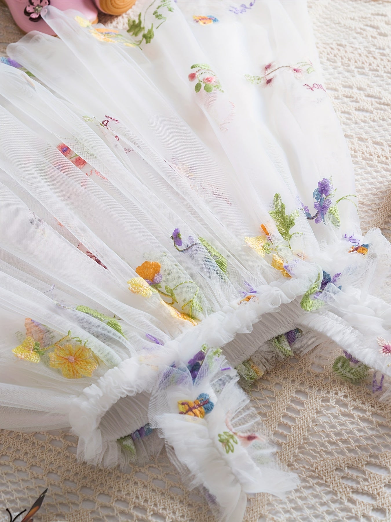 Baby Girl Sleeveless Mesh Dress with Flower Embroidery for Summer Birthdays