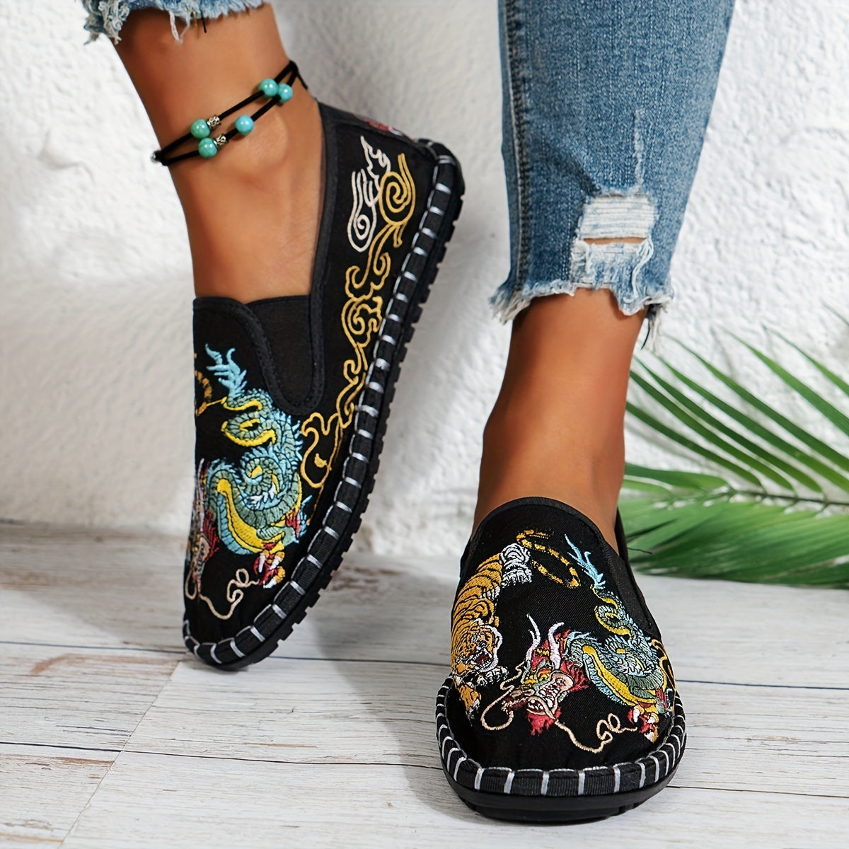 Women's Embroidered Animal Print Slip-On Flats Blue and Gold