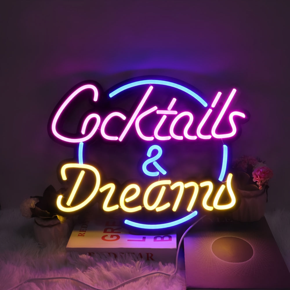 Neon Sign Cocktails and Dreams LED Wall Art Blue USB Powered for Bars Pubs Bedrooms