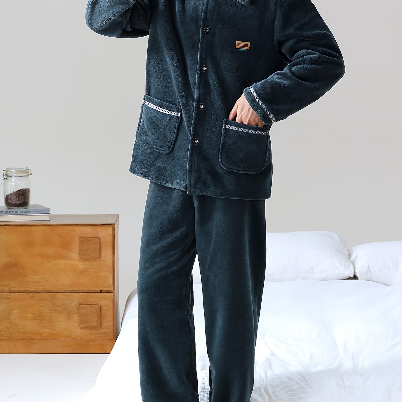 Men's Casual Striped Flannel Pajama Set Long Sleeve Knit Polyester Loose Fit for Fall Winter