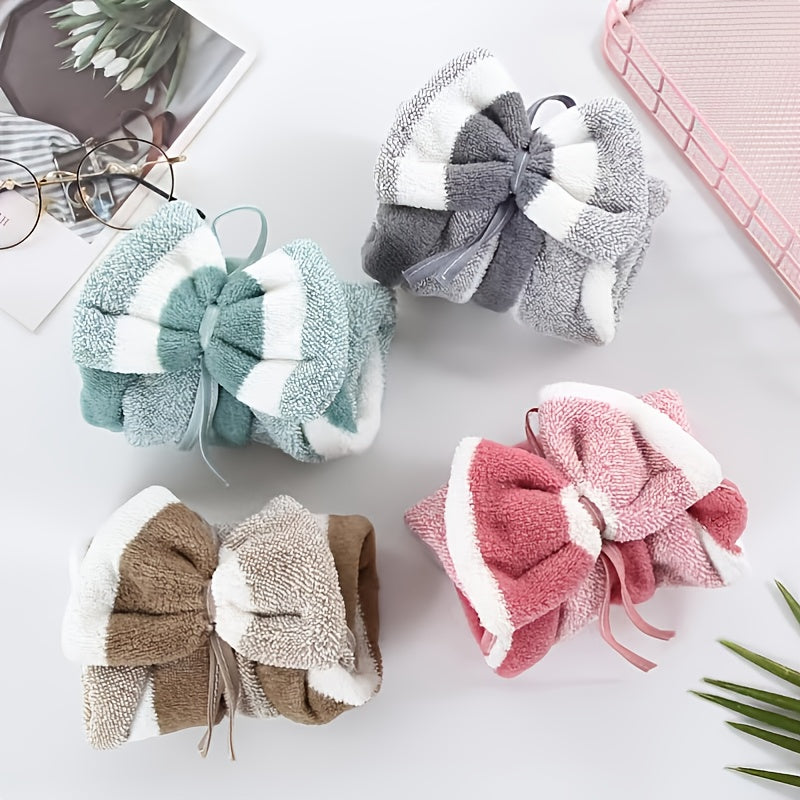 Velvet Towel with Stripes and Bow Design for Bathroom Use 1pc