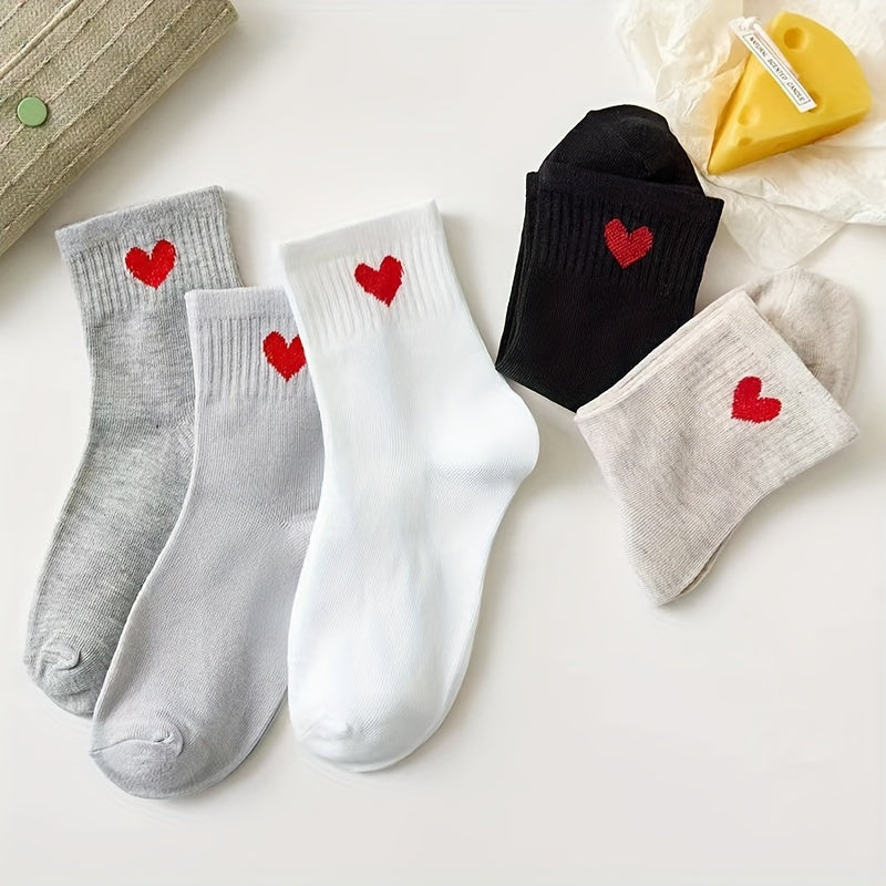 Women's Mid-Tube Socks 5 Pairs Heart Pattern Rib Knit Polyester Comfortable