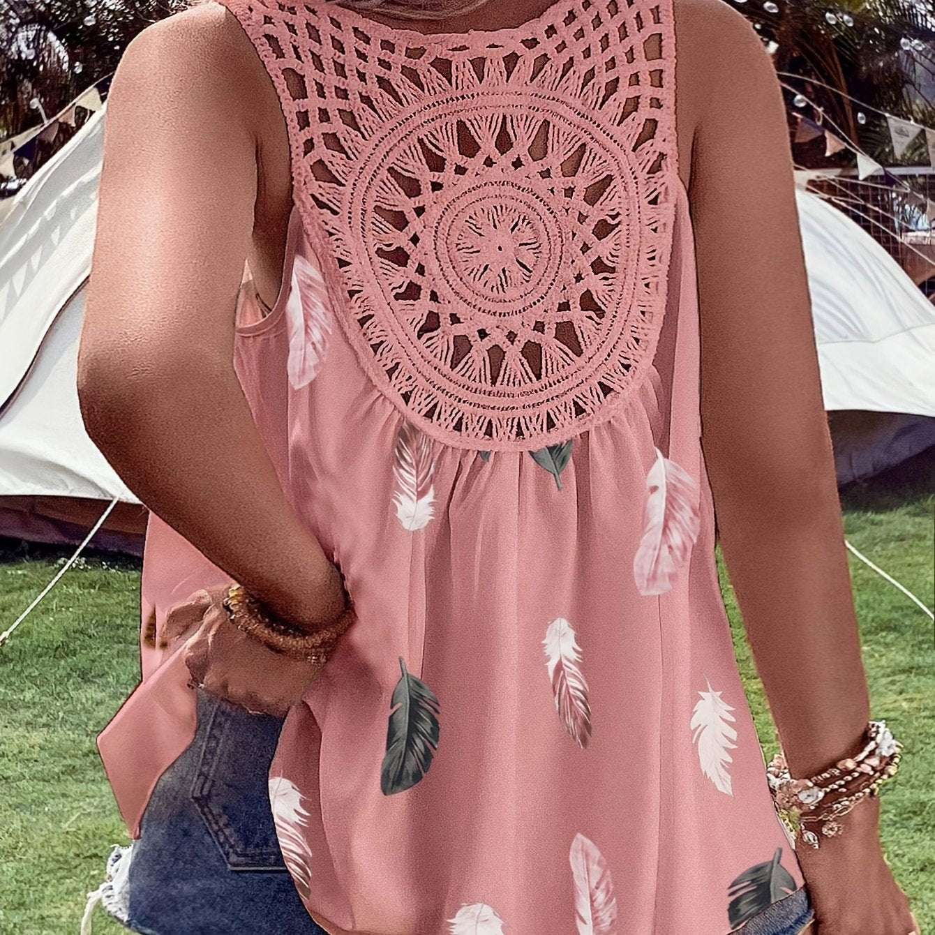 Chaleco sin mangas de mujer con escote en V, patrón de tejido, encaje, flores y volantes