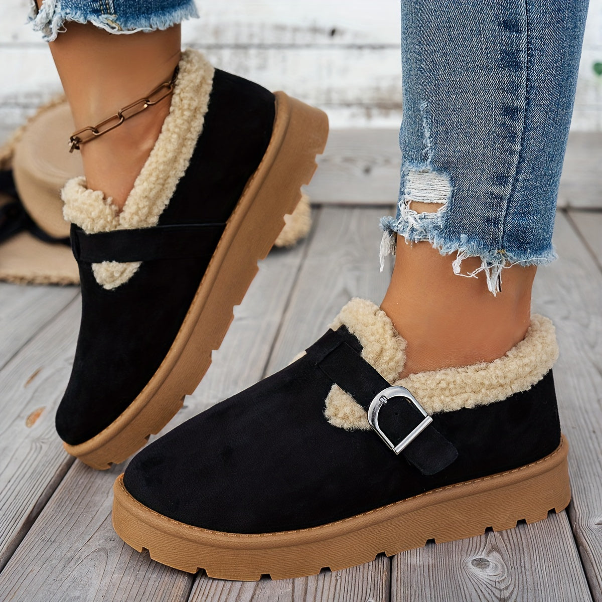 Women's Fleece-Lined Ankle Boots Casual Solid Color Mid Heel Platform Shoes