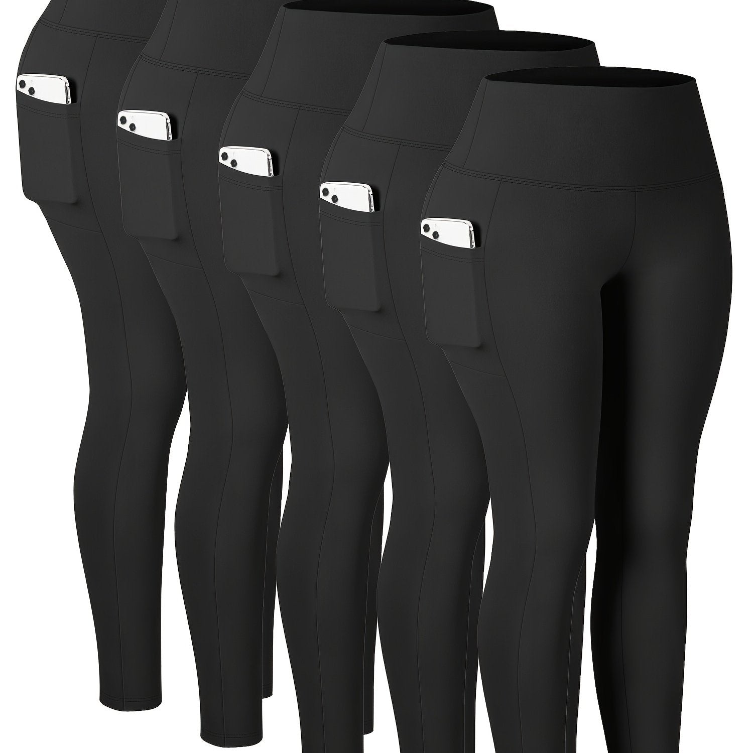 Plus Size Women High-Waisted Leggings Set With Side Pockets 5 Pack