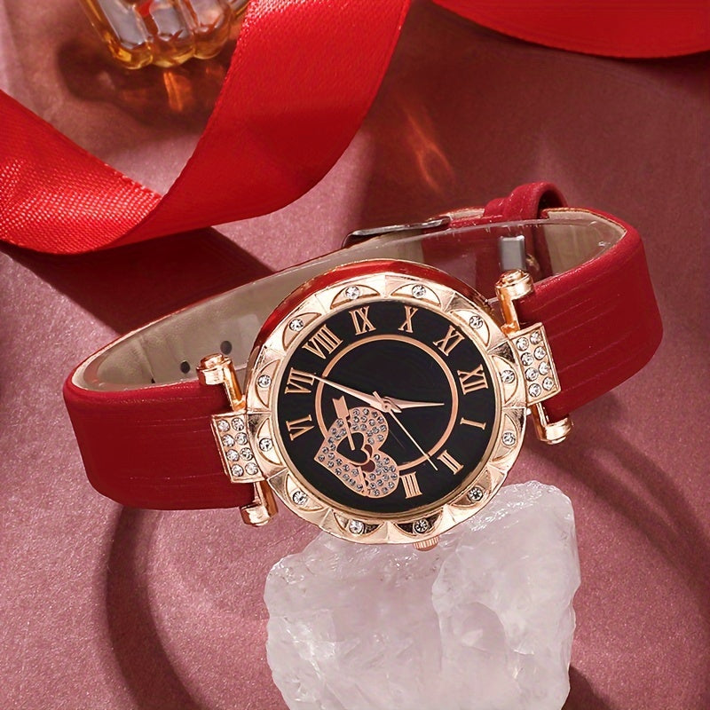 5 ta ayollar uchun romantik rhinestone yurak soatlari to'plami, kvarts mexanizmi va PU charm bandlari bilan