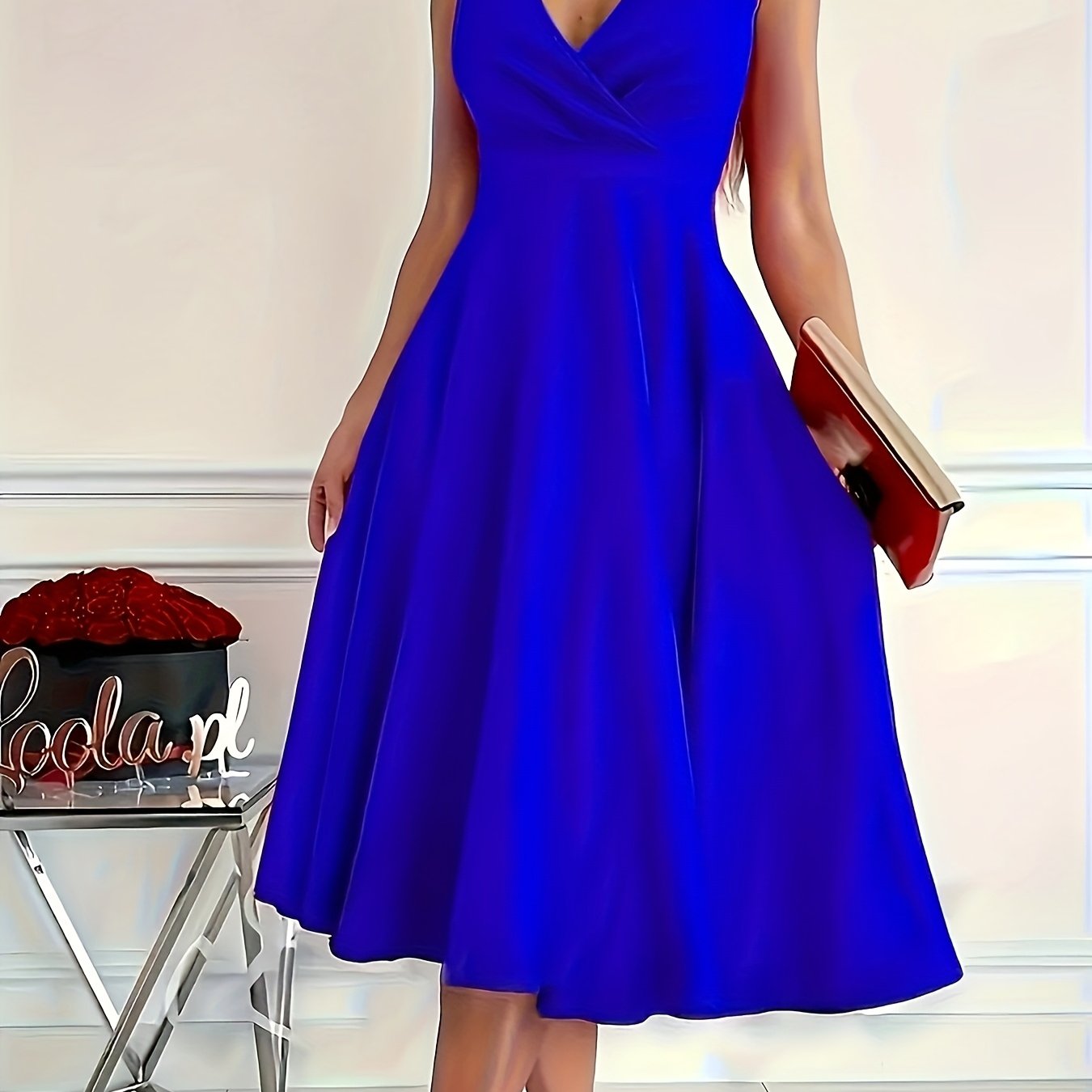 Solid Color Sleeveless Dress with Pleated V-Neck for Spring and Summer Vacation