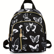Women's Black Mini Backpack with Butterfly Print Nylon Casual Daypack