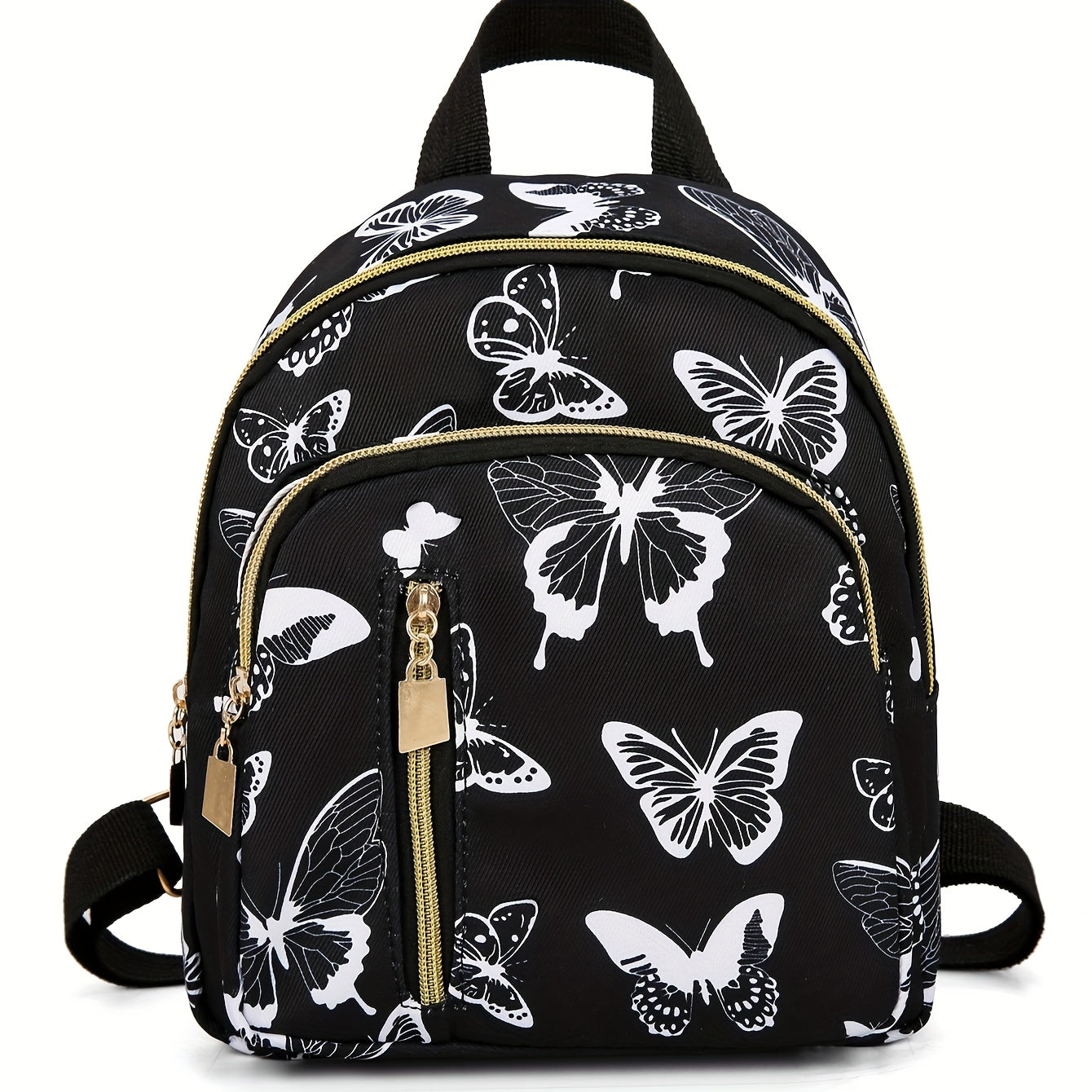 Women's Black Mini Backpack with Butterfly Print Nylon Casual Daypack