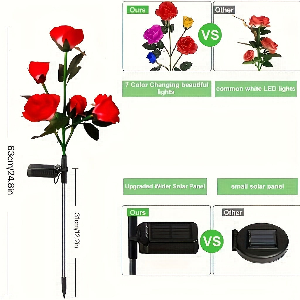 Outdoor Solar Garden Lights 7-Color Changing Rose Set of 4 with Magnified Solar Panels
