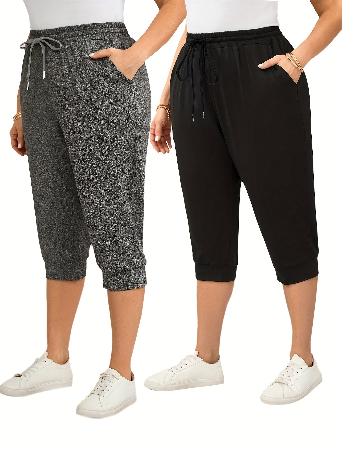 Plus Size Women's Casual Lace-Up Pants Two-Piece Set Solid Color