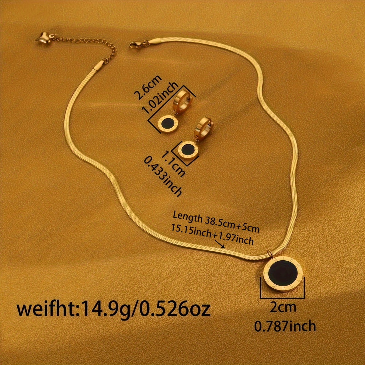 Roman Numeral Charm Necklace and Earrings Set in 18K Gold Plated Stainless Steel for Women