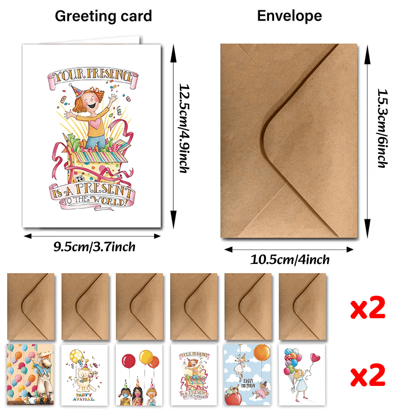 Set of 24 Birthday Cards with Envelopes for Kids and Adults, Cute Designs