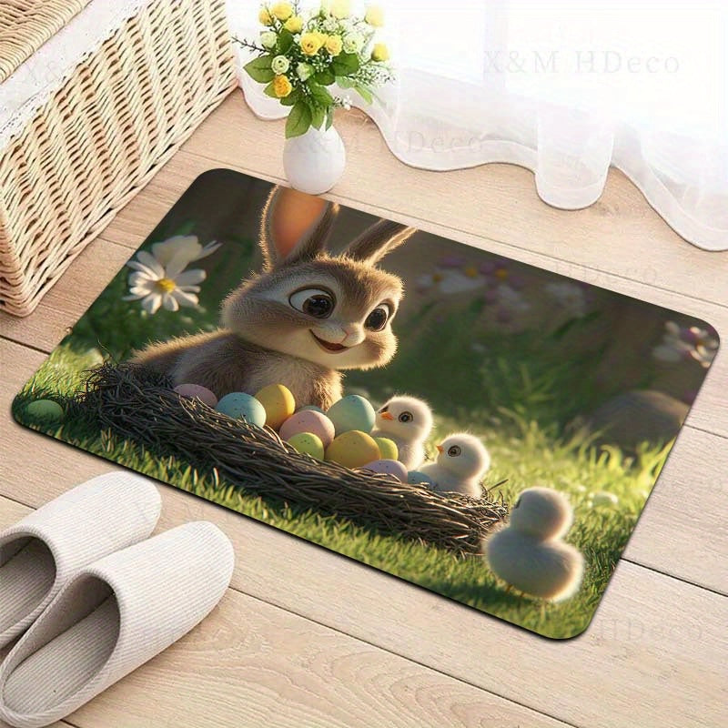 Easter Rug with Rabbit and Chicks Design 8mm Thick Polyester Non-Slip Mat for Kitchen Living Room Bedroom