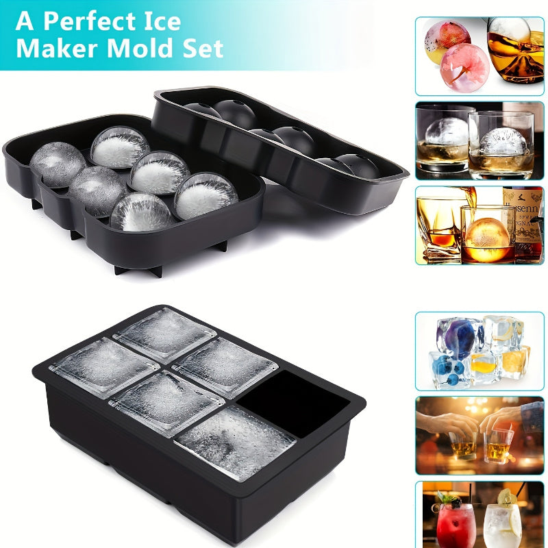 2pcs Silicone Ice Cube Trays Reusable Large Square & Sphere Molds for Drinks