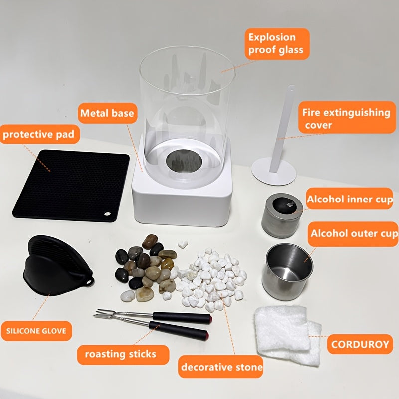 Modern Metal Bioethanol Fire Pit Portable Tabletop Fireplace with Stones and Accessories