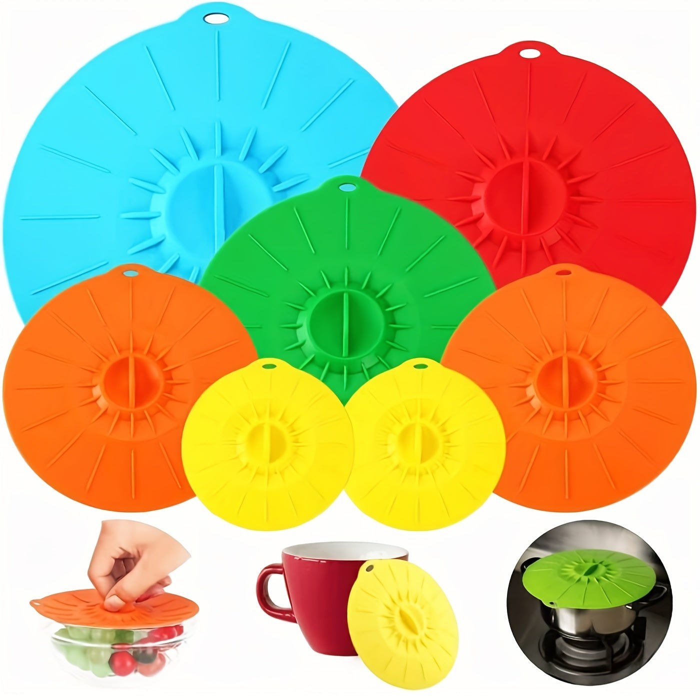 Set of 7 Silicone Food Lids in Various Sizes and Colors Reusable Heat-Resistant Microwave Oven Pot Cover