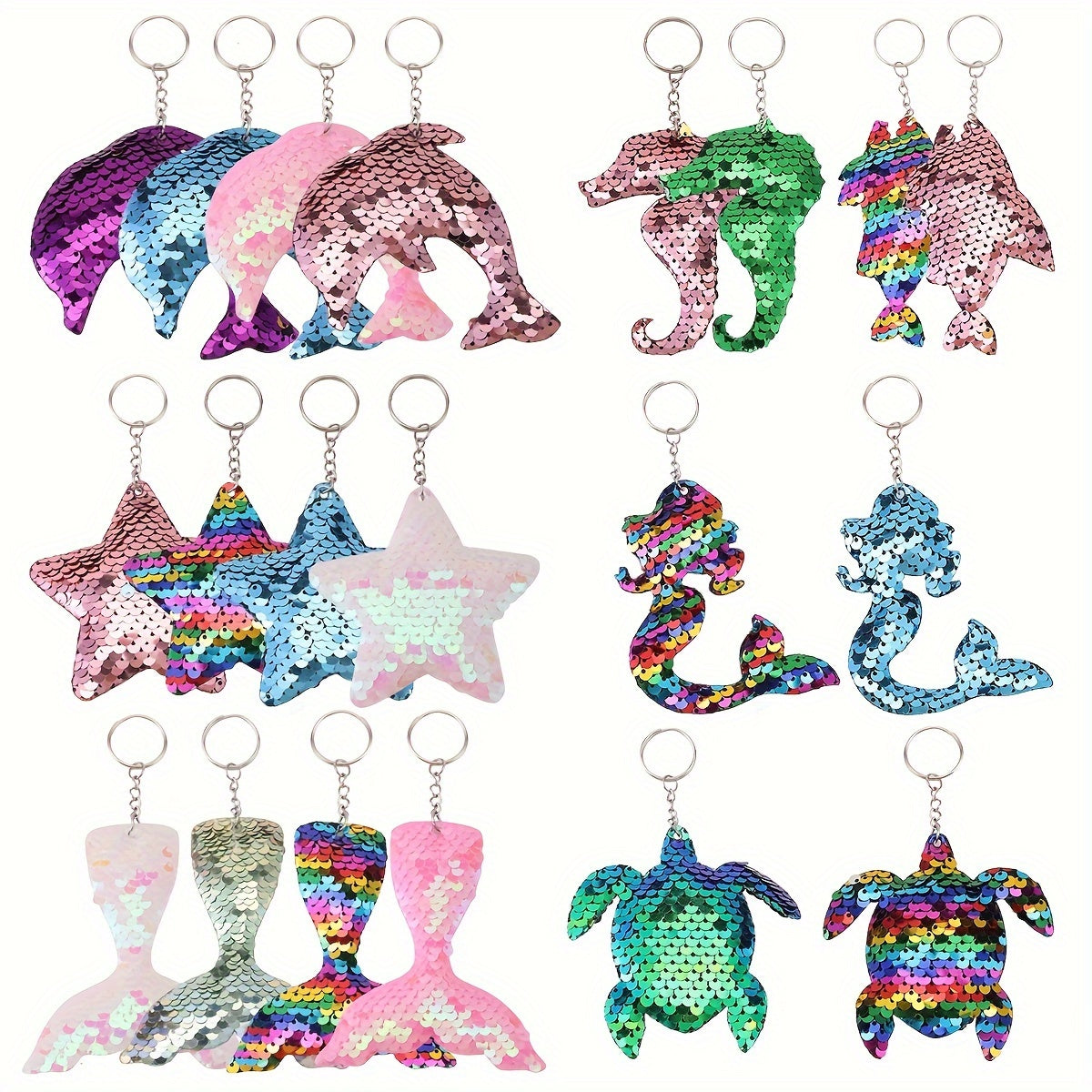 Set de 20 llaveros de cola de sirena de doble cara con lentejuelas, formas de animales marinos, lentejuelas que cambian de color, regalos para fiestas