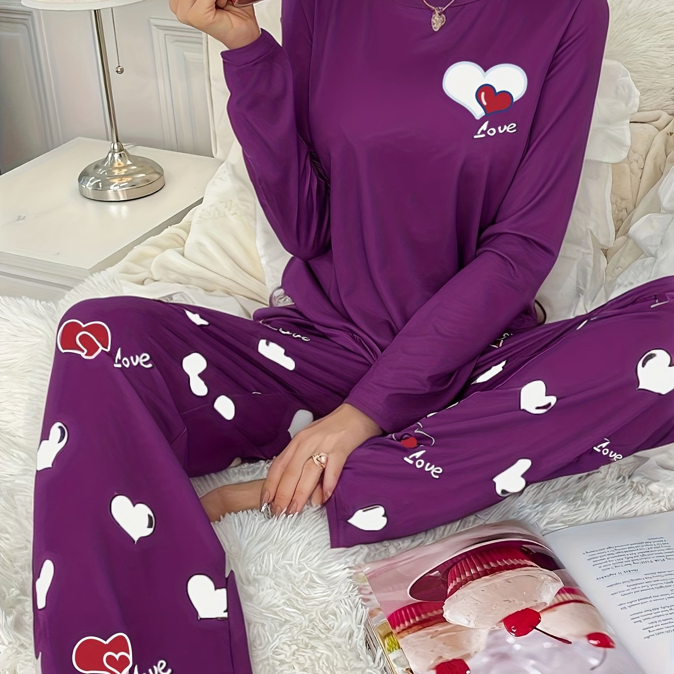 Women's Heart Print Pajama Set Long Sleeve Crew Neck Top Elastic Waist Pants Fall Winter Polyester Blend