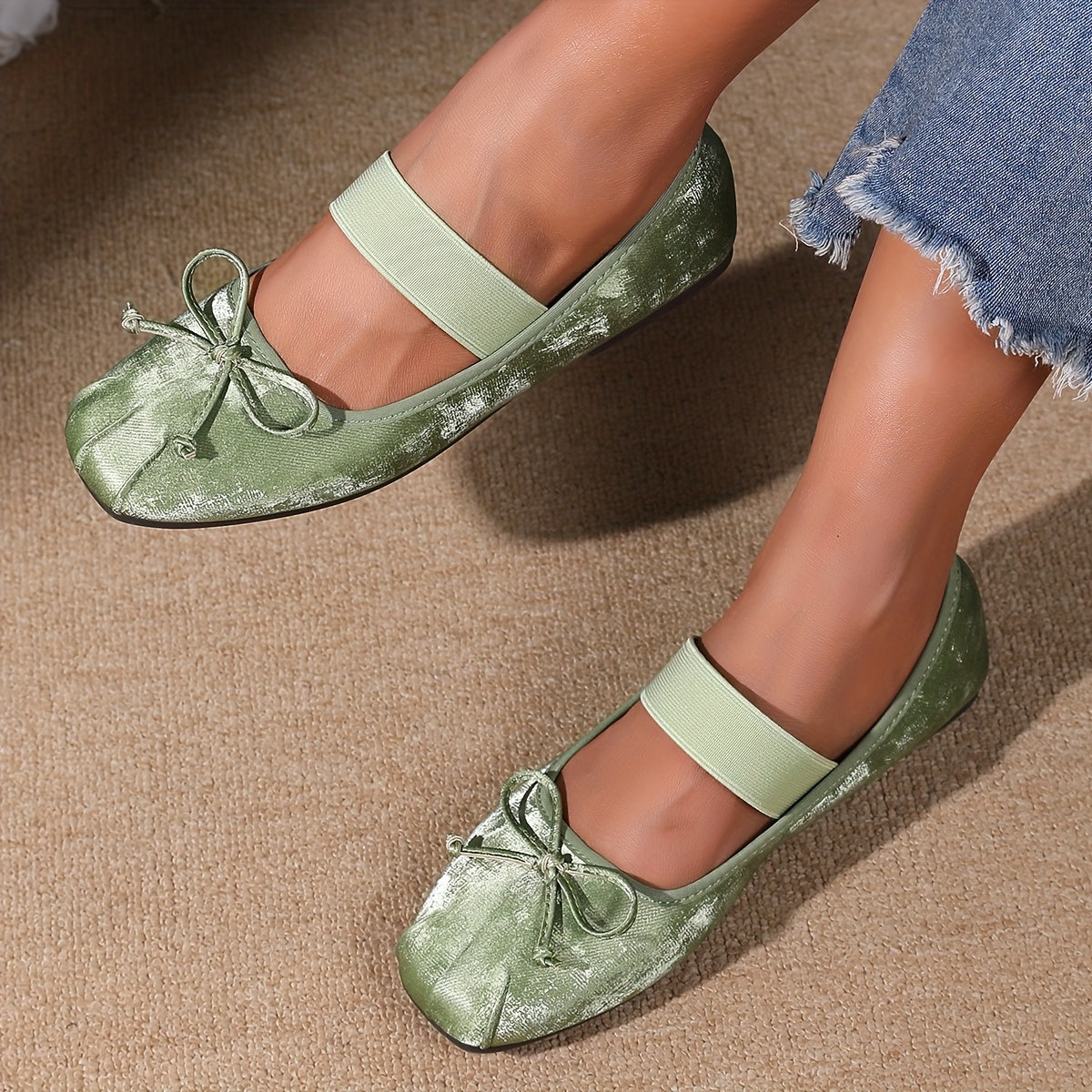 Женские балетные туфли с бантом, квадратный нос, синтетическая обивка, легкие туфли-слипоны