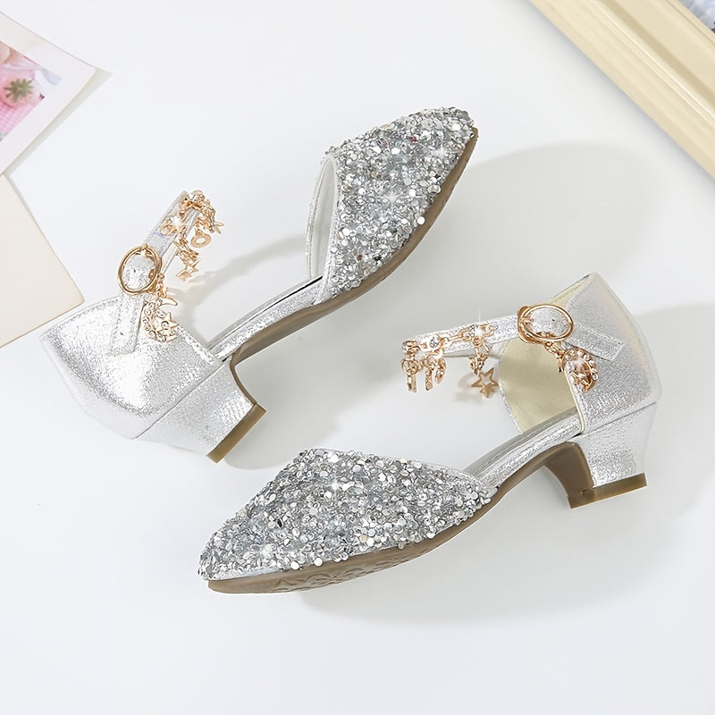 Girls' Sparkling Glitter Princess Shoes with Flower Embellishments for Performance and Fashion