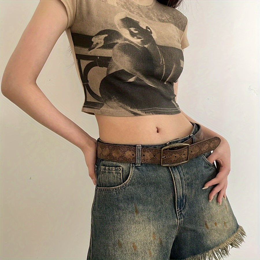 Women's Brown PU Leather Belt with Western Embossed Design for Casual and Festival Wear