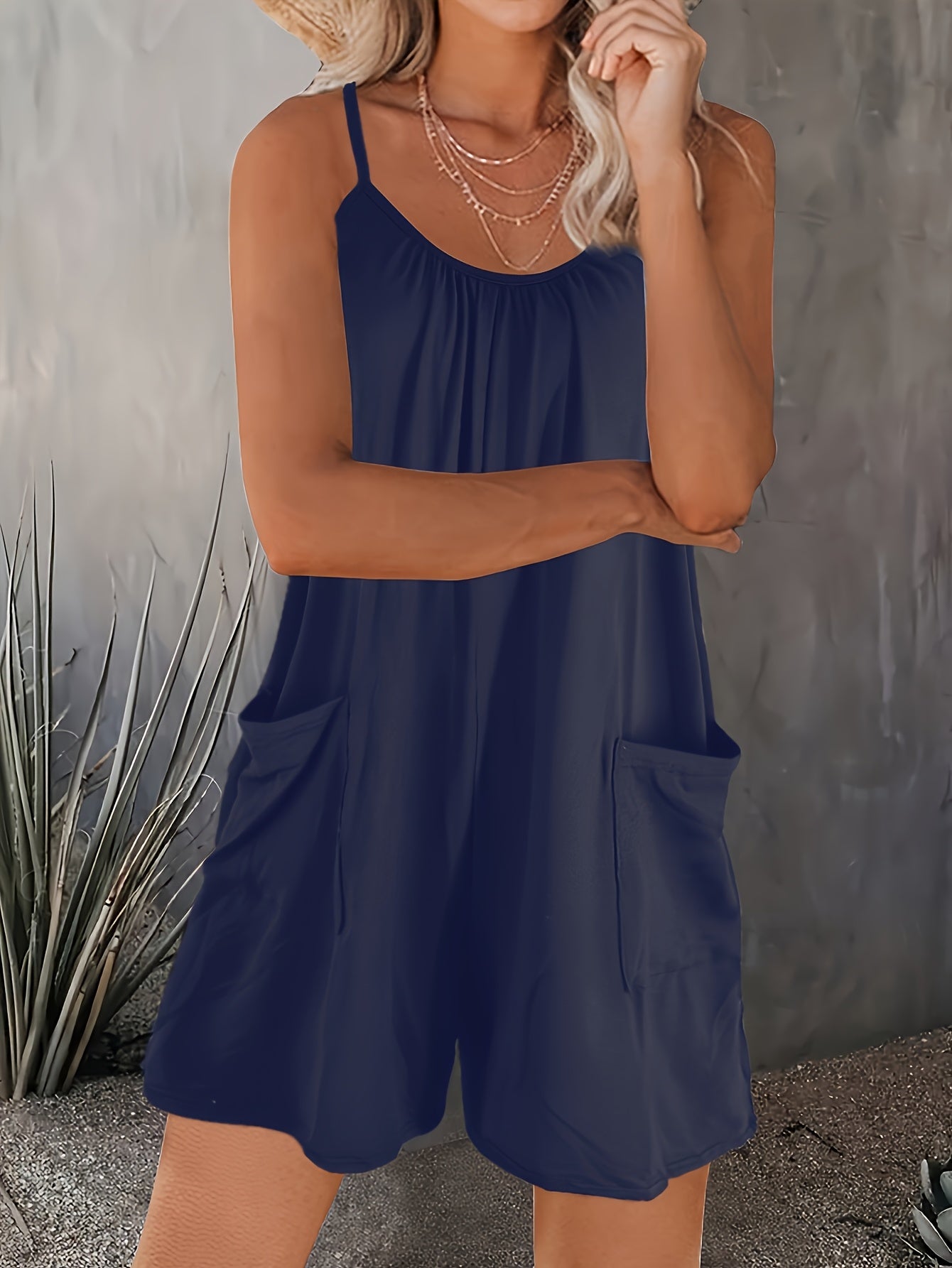 Women's Plus Size Sleeveless Jumpsuit with Pockets and Adjustable Straps Gray