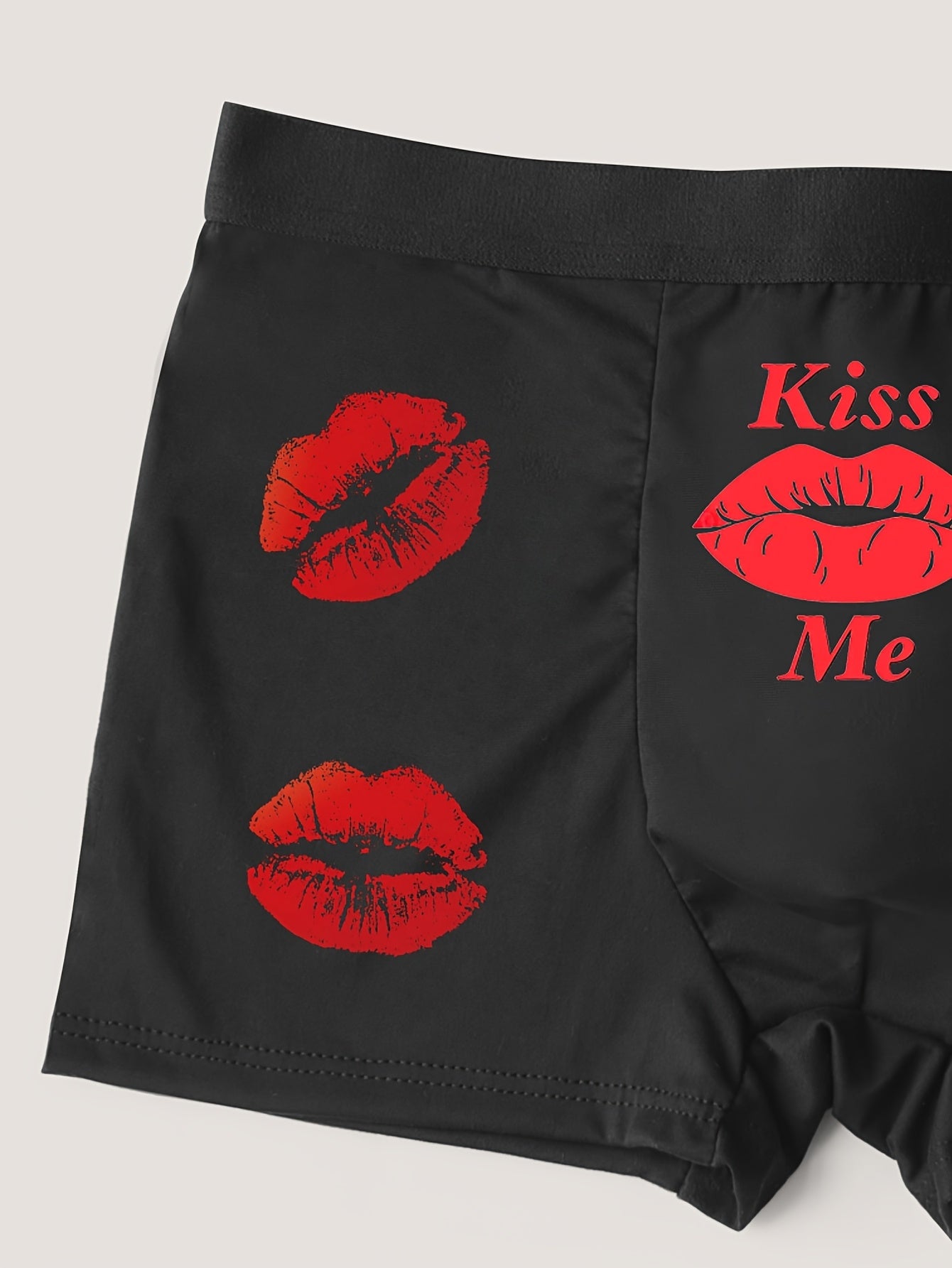 Men's Black Boxer Shorts with Red Lips and Letter Print for Valentine's Day