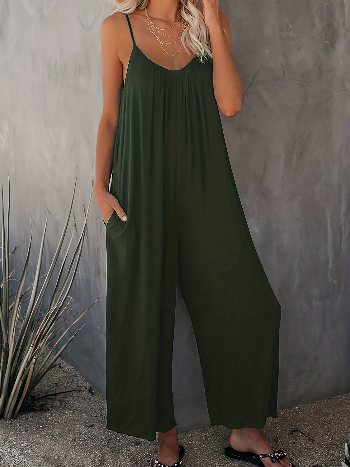 Women's Sleeveless Jumpsuits Organic Cotton Wide-Leg Rompers with Pockets