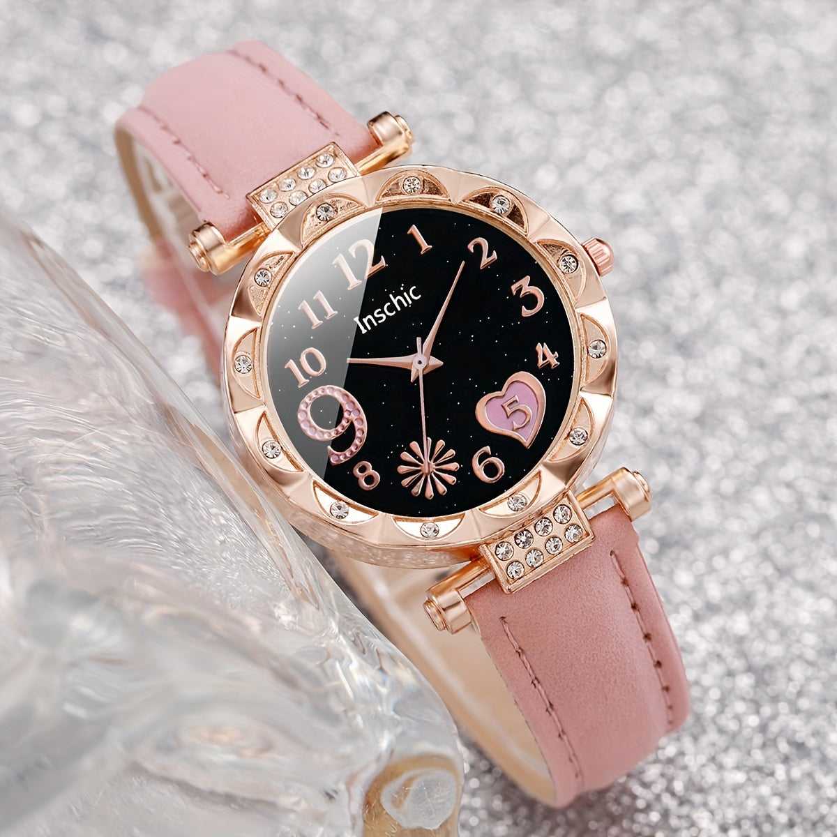 Women's Quartz Watch Set with Love Number Dial and Bracelet, Alloy Case, PU Leather Band