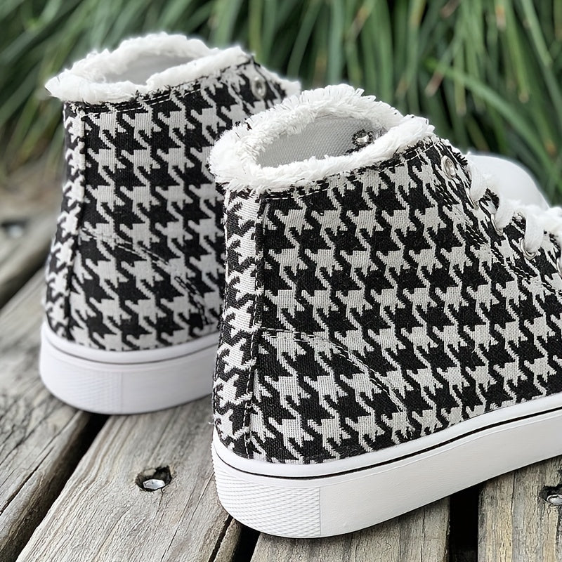 Women's Houndstooth Pattern High-Top Sneakers Black and White Fabric