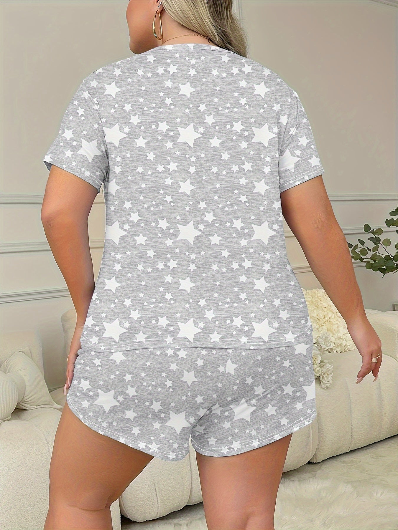 Женский комплект пижамы больших размеров с принтом звезд, короткий рукав, футболка и шорты