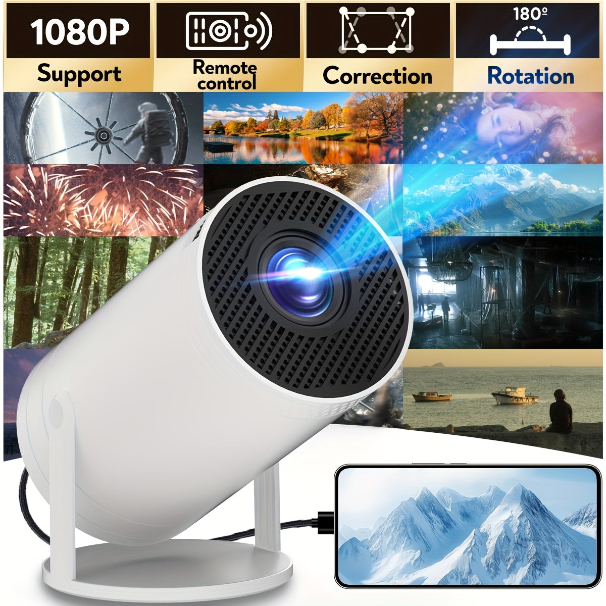Mini portativ proyektor 1080P 180° buriladigan 3.3m ekran oq