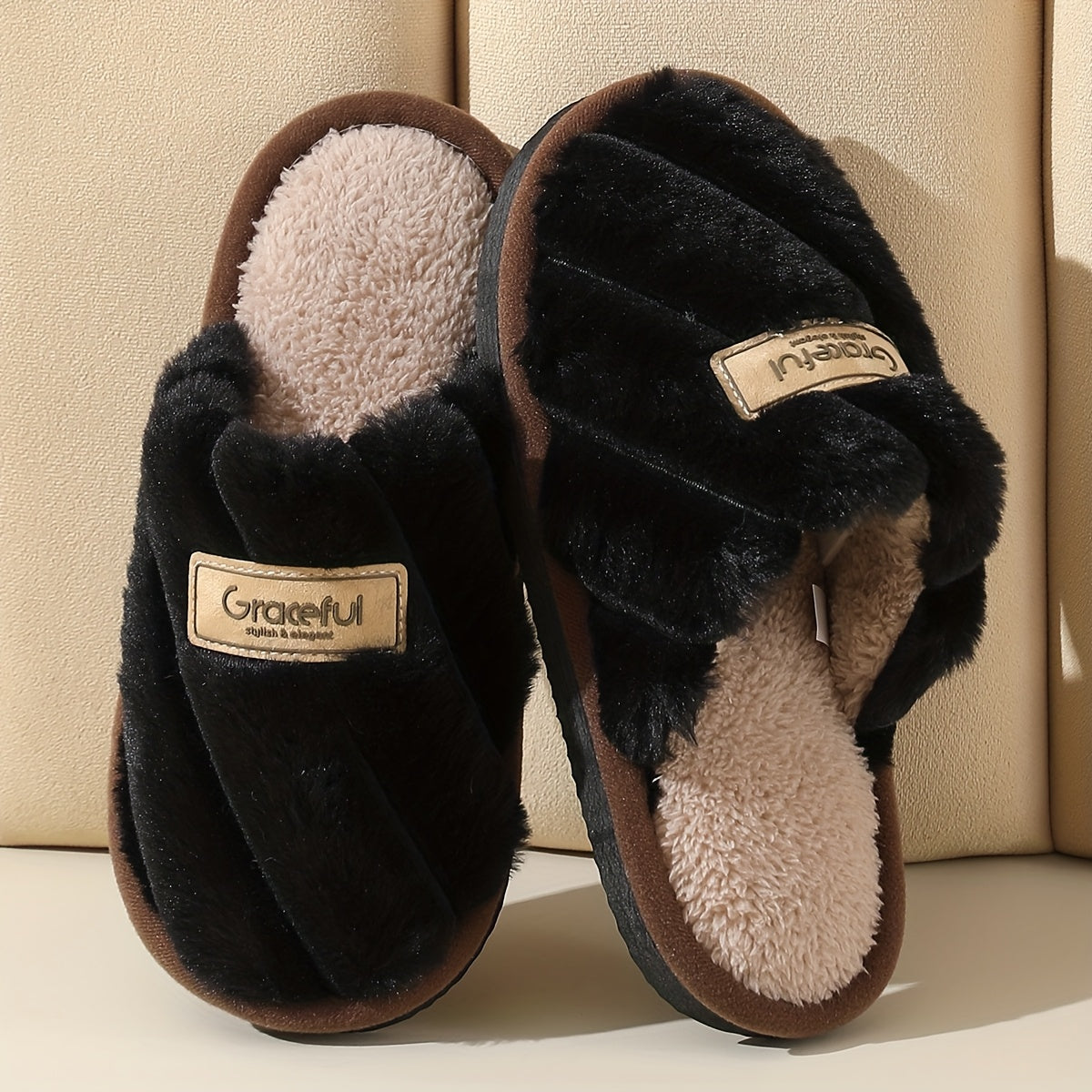Women's Faux Fur-Lined Slip-On Slippers with TPR Sole for Indoor Outdoor Use