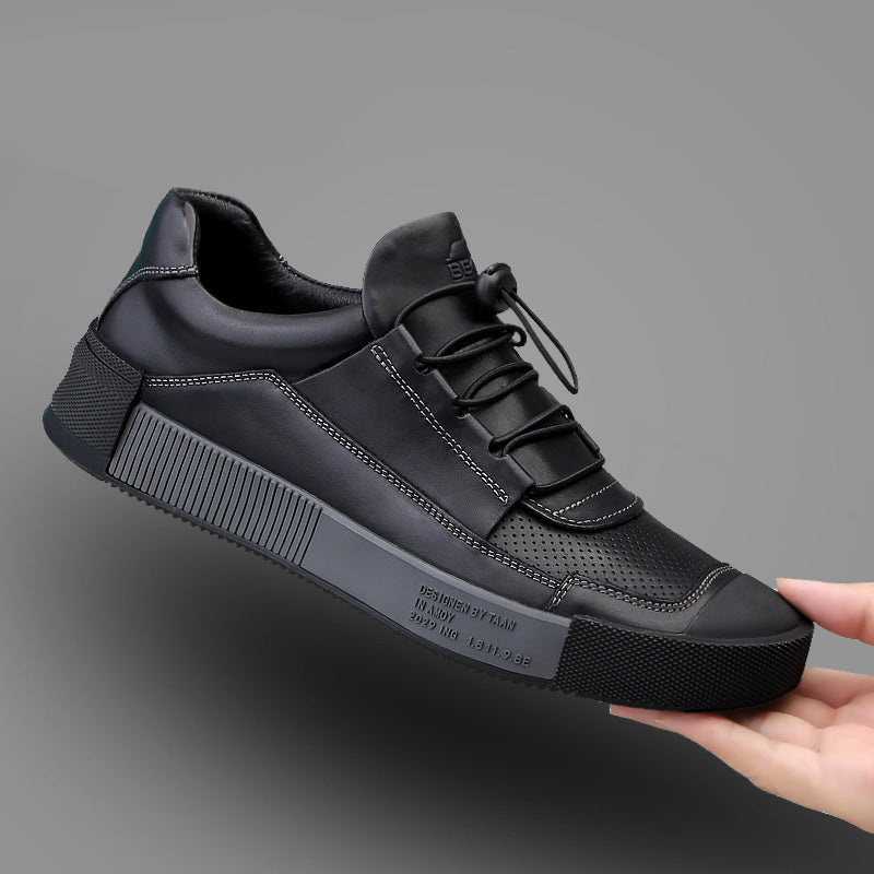 Men's Leather Sneakers with Striped Lace-Up Design, Rubber Sole, Breathable Fabric Inner