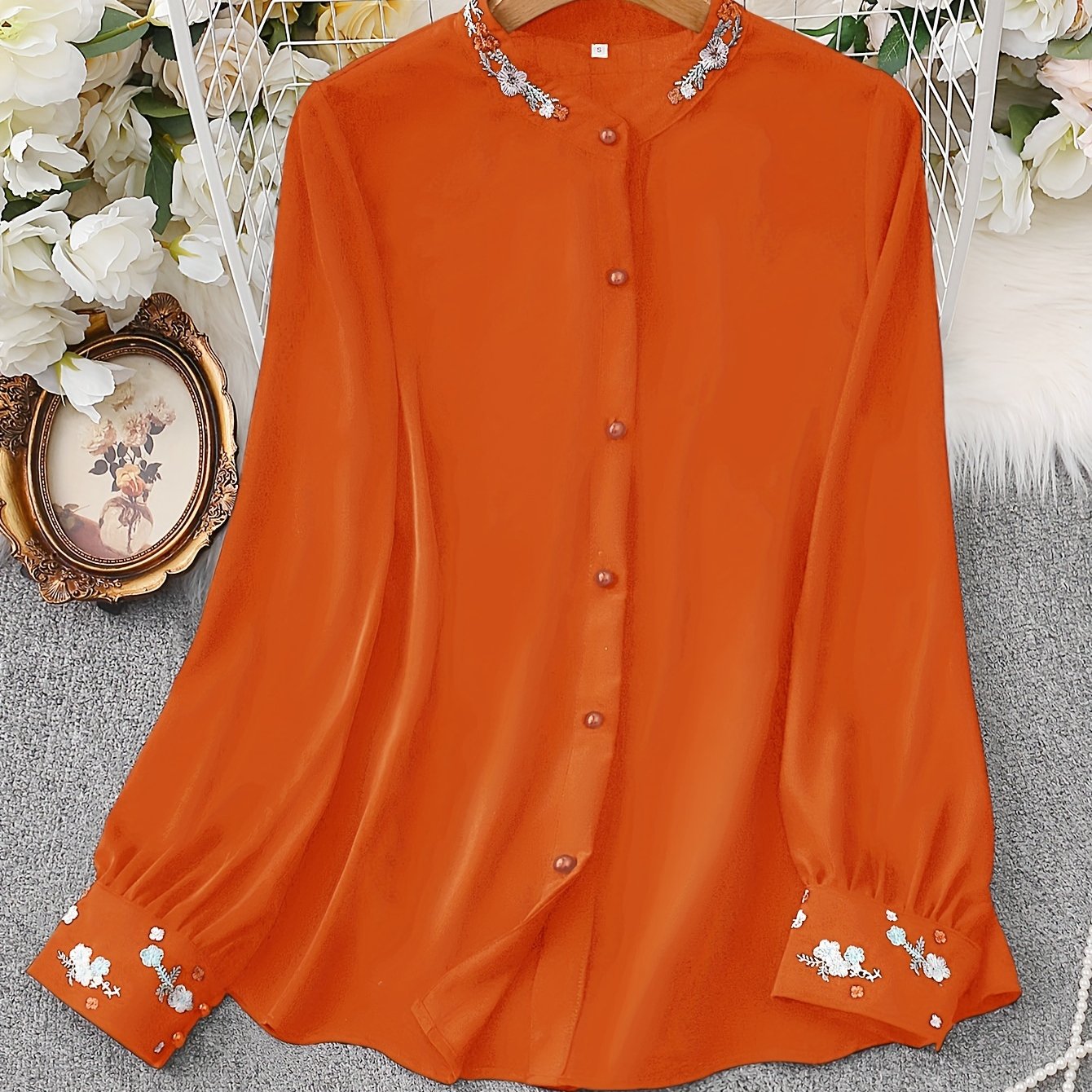 Women's Long Sleeve Embroidered Blouse with V-Neck and Button Front