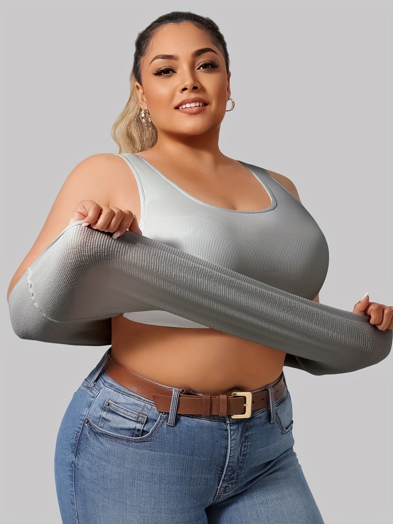 Plus Size Women's Ribbed Sleeveless Tank Top with Built-in Bra Yoga Vest
