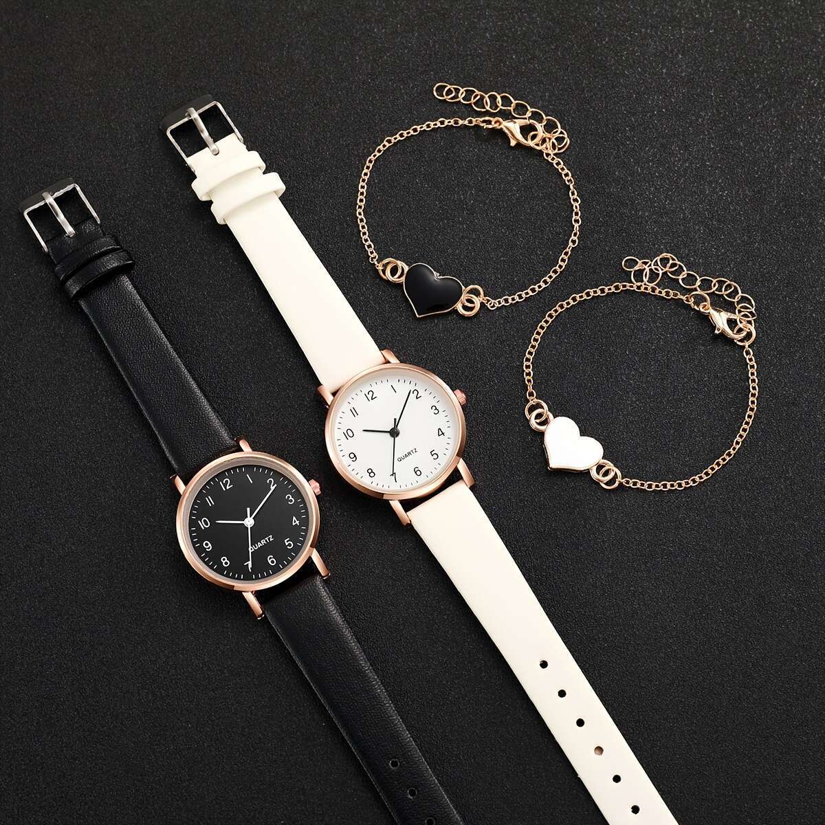 Women's Quartz Watch and Heart Charm Bracelet Set Alloy Case Faux Leather Strap Round Analog Dial