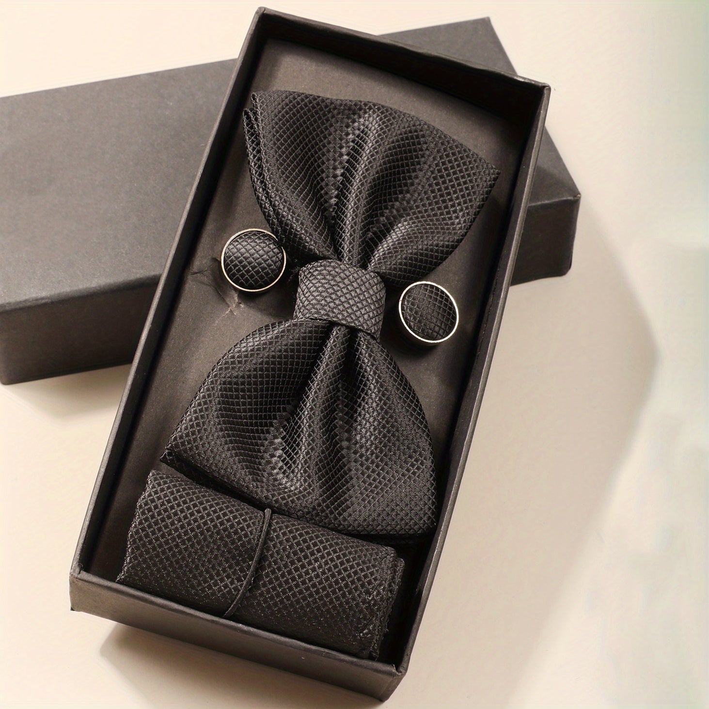 Men's Formal Wedding Bow Tie Set with Pocket Square and Cufflinks