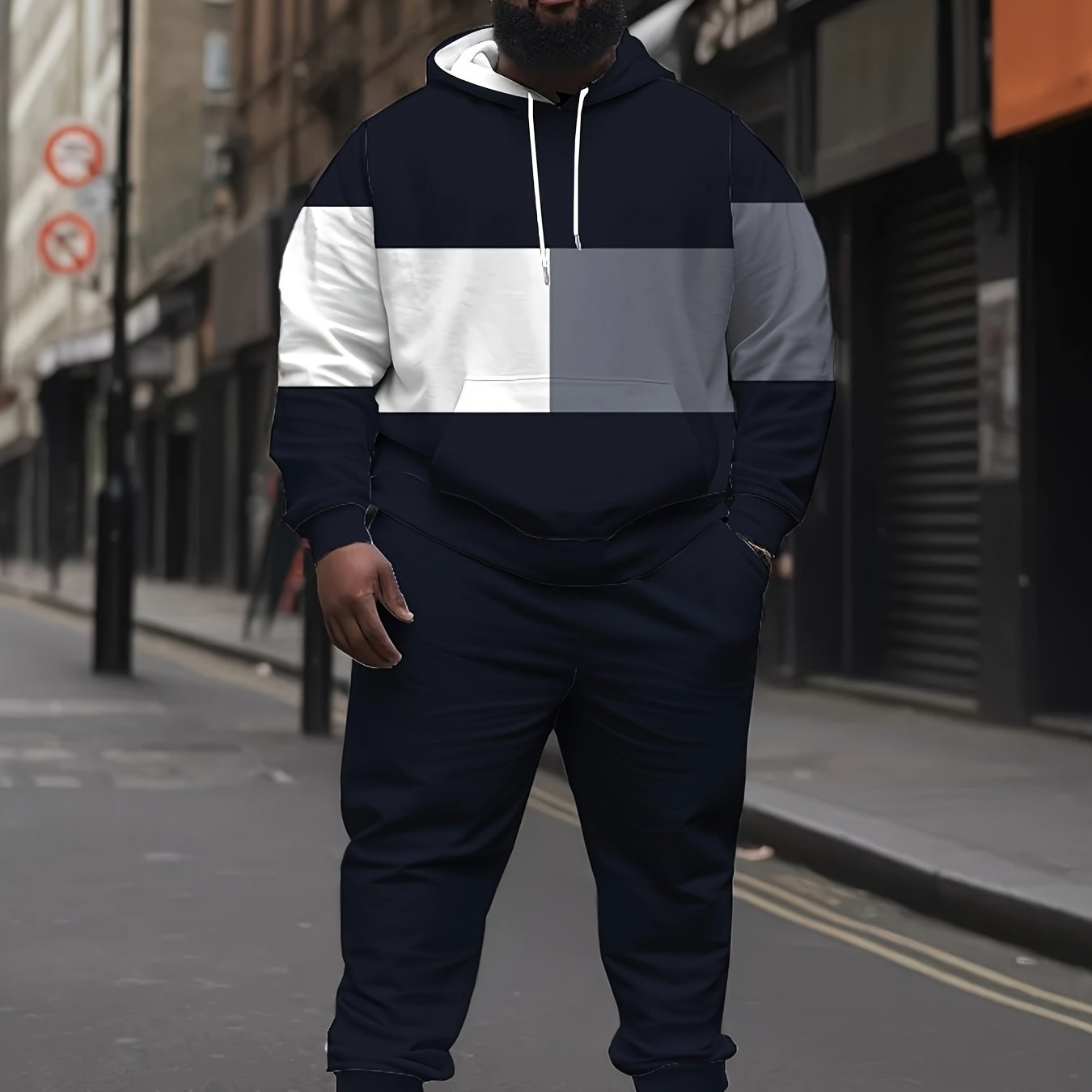 Men's Plus Size Hoodie Tracksuit with Color Block Design Polyester Casual