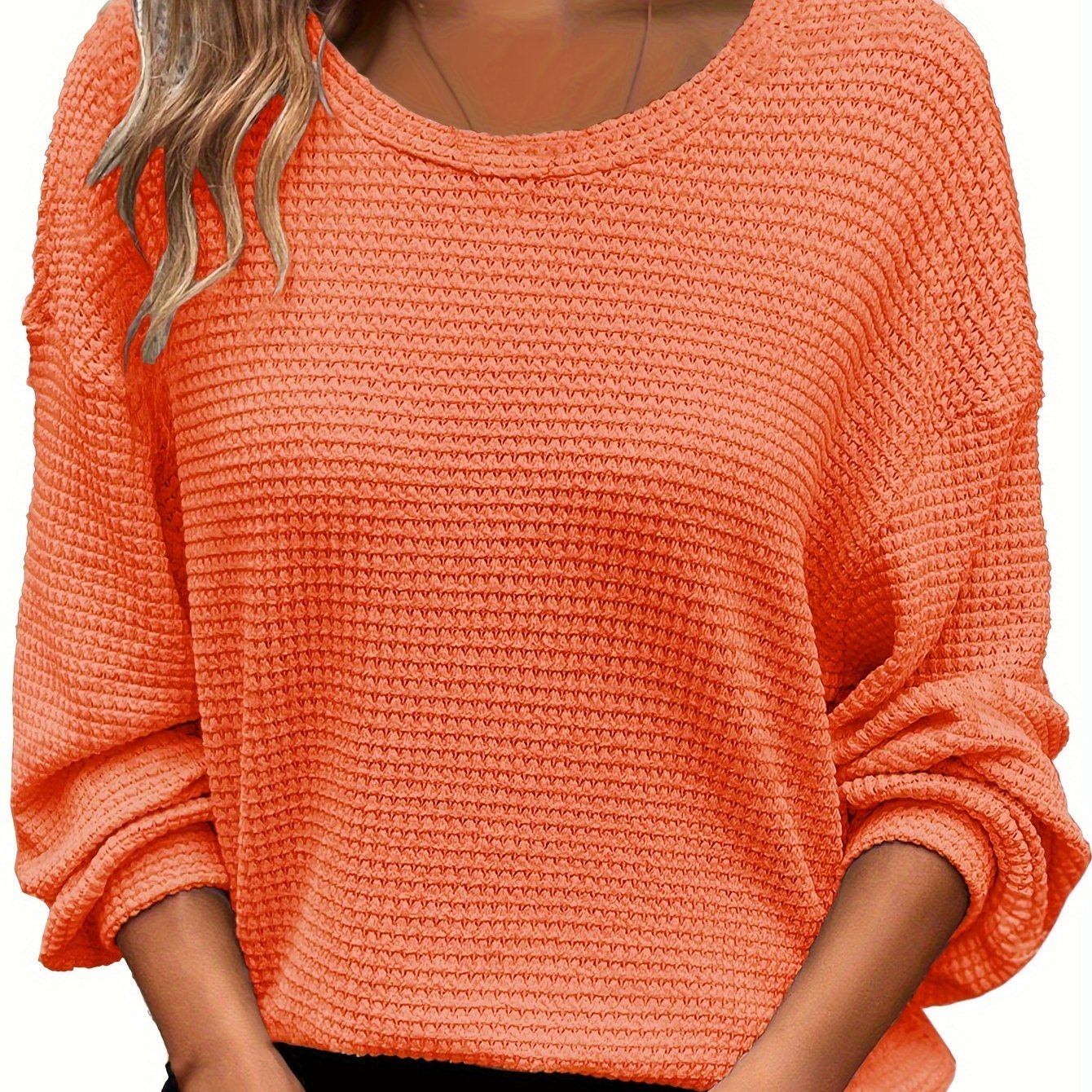 Plus Size Waffle Knit Crew Neck Sweatshirt Women's Long Sleeve Fall Winter