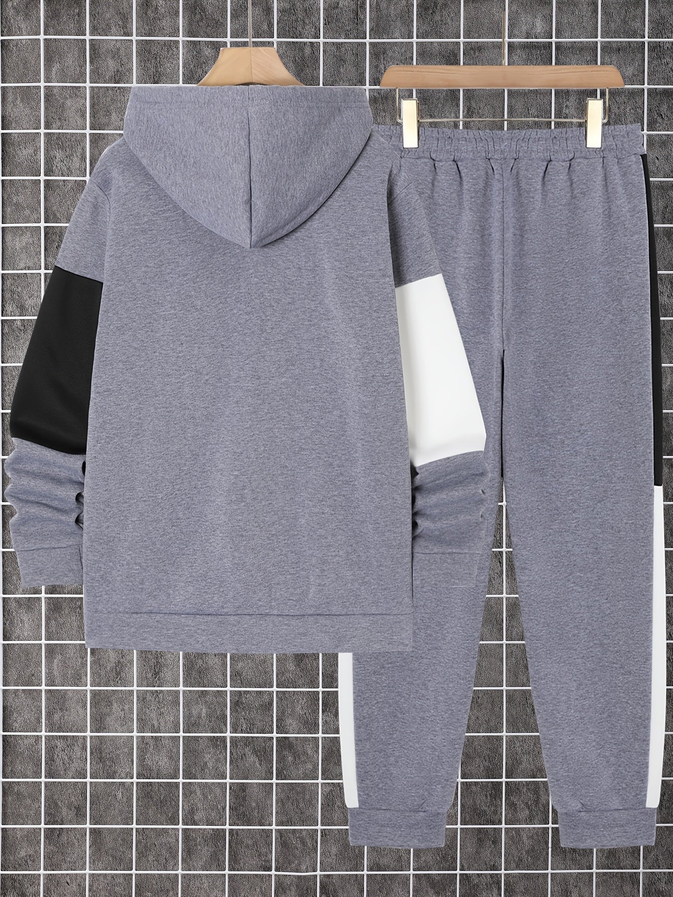 Men's Color Block Polyester Tracksuit with Hooded Zip Up Hoodie and Jogging Pants for Gym and Running