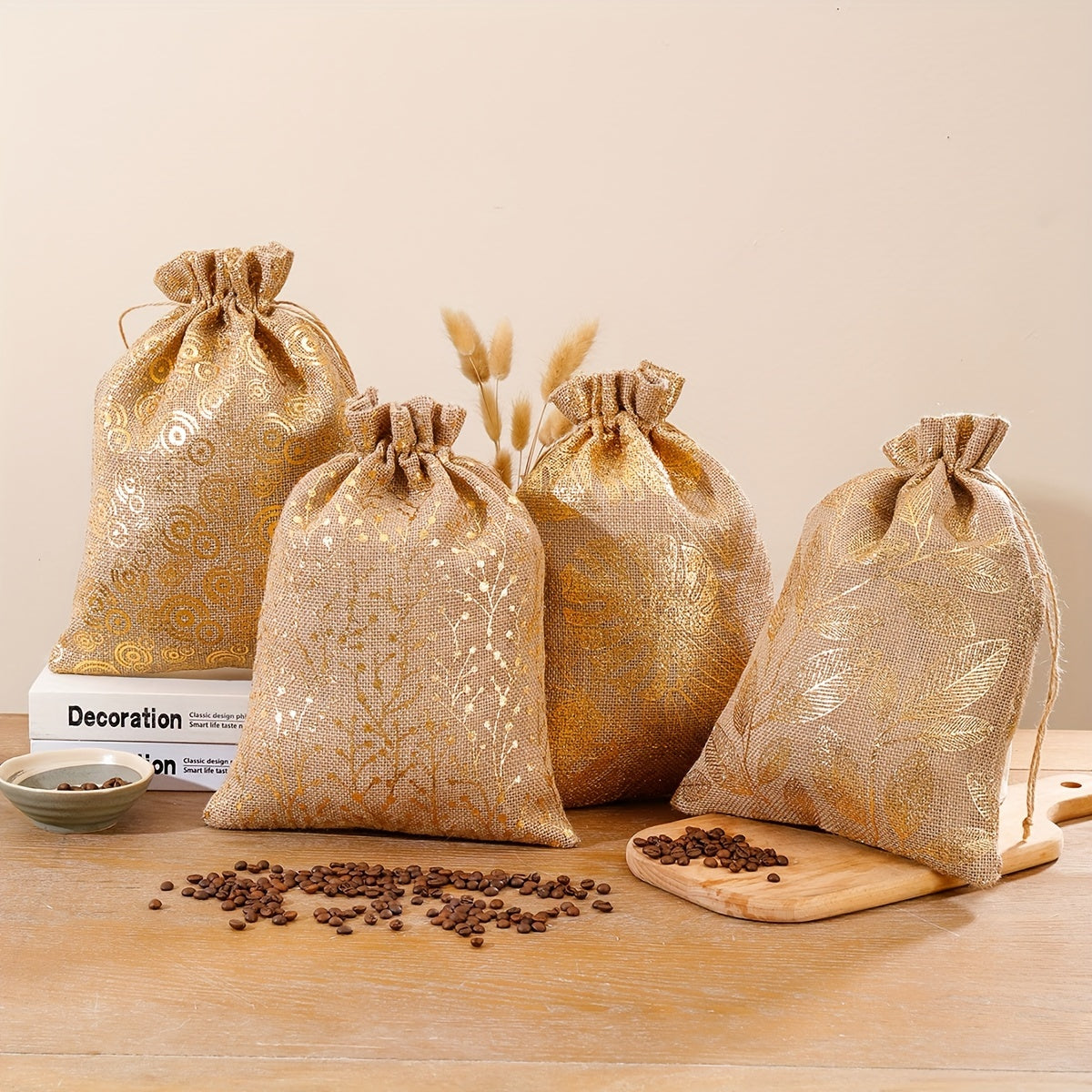 Juego de 2 bolsas de lino para granos de café, a prueba de humedad, con detalles en dorado