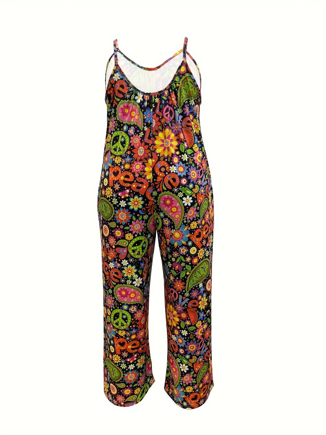 Plus Size Floral Print Wide Leg Jumpsuit Sleeveless Casual Pockets Women