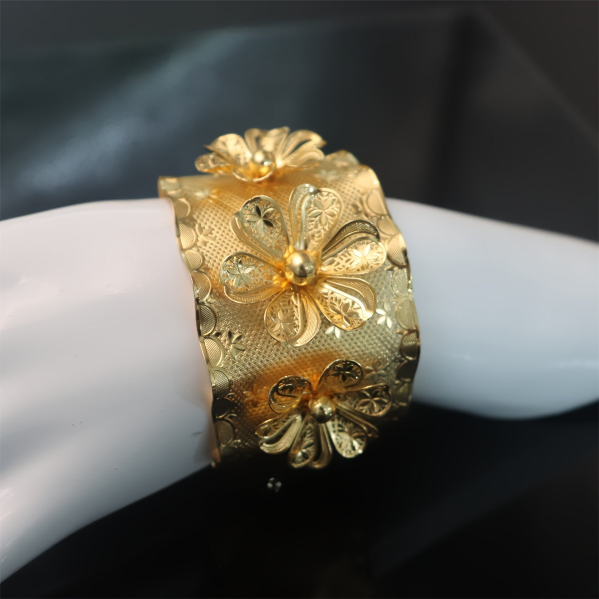 Gold Flower Bangle Bracelet with Rhinestones for Formal Events
