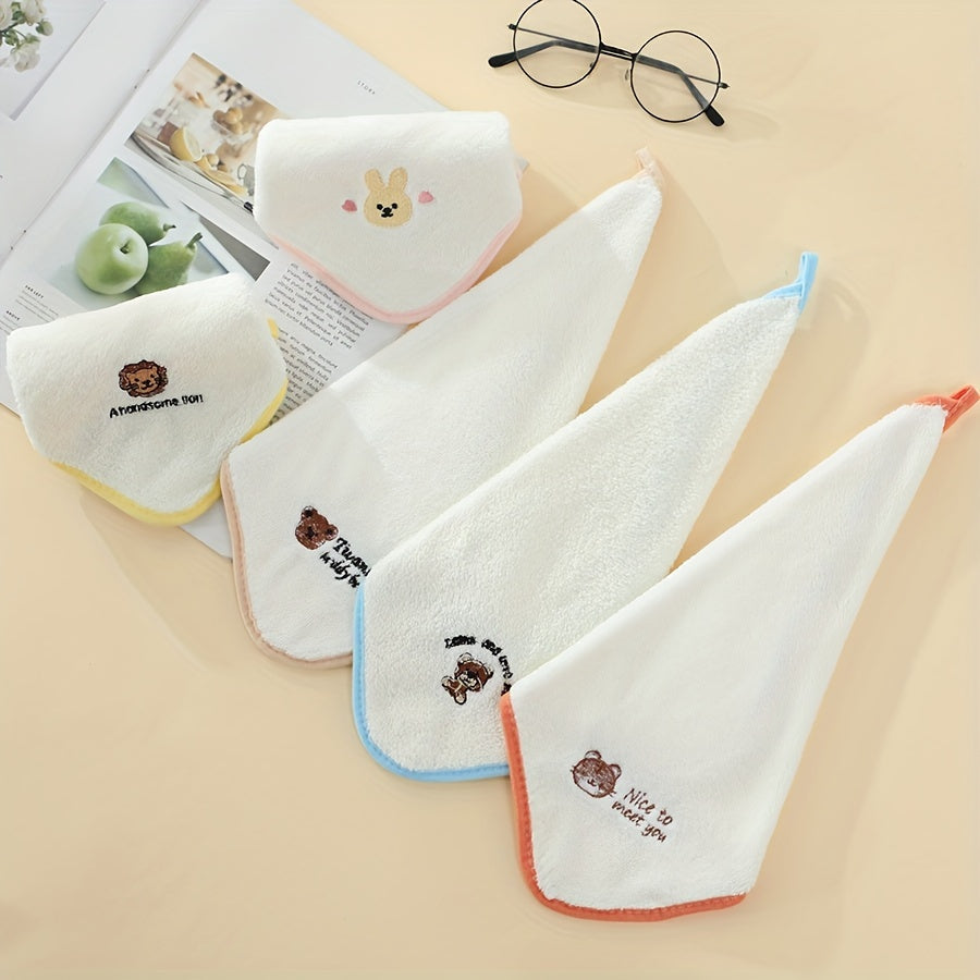 Set of 5 Cartoon Embroidered Towels Soft Polyester-Nylon Blend Fade-Resistant Durable