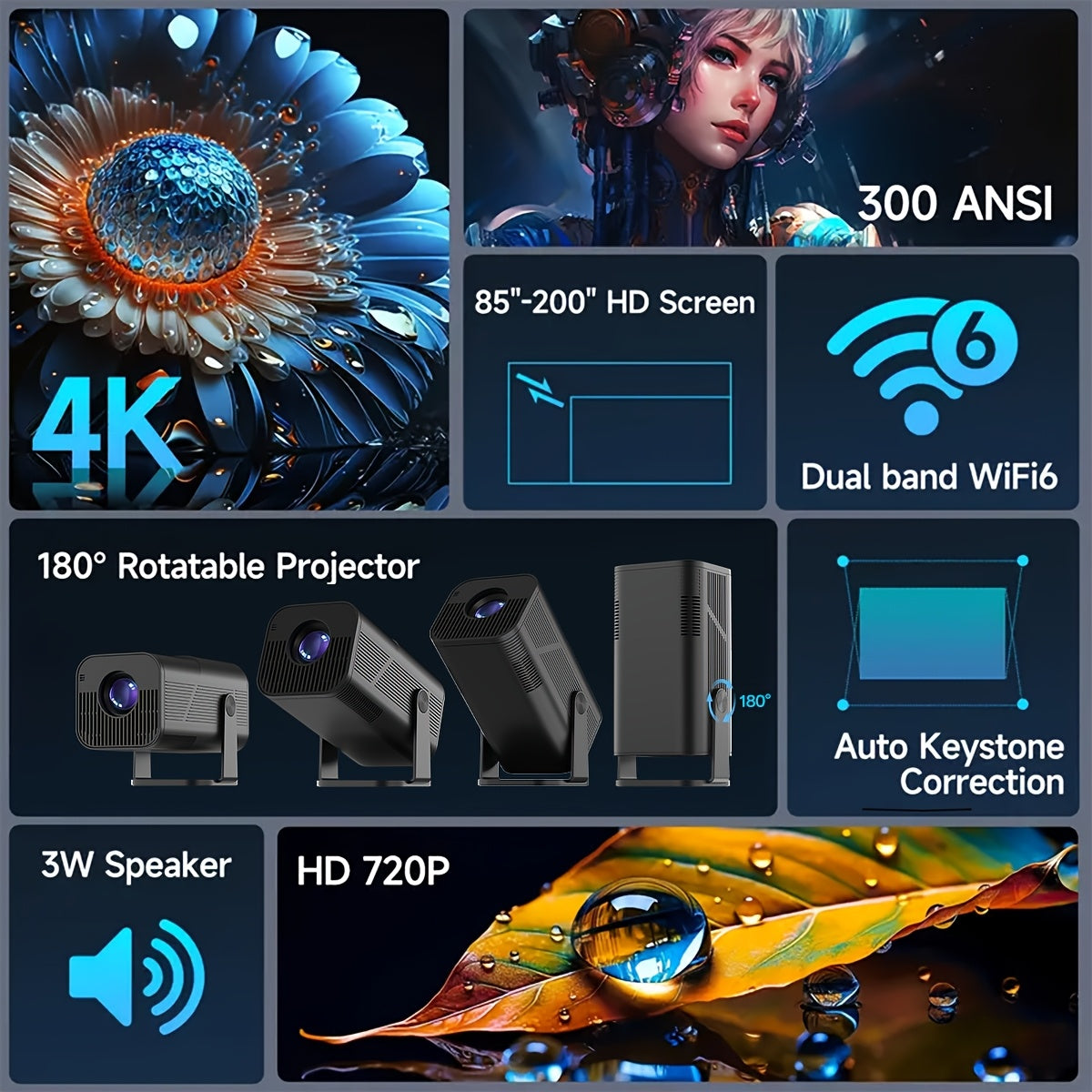 Mini 4K HD simsiz proyektor WiFi bilan, avtomatik keystone, yorqin LED, ichki o'yinlar va ofis uchun