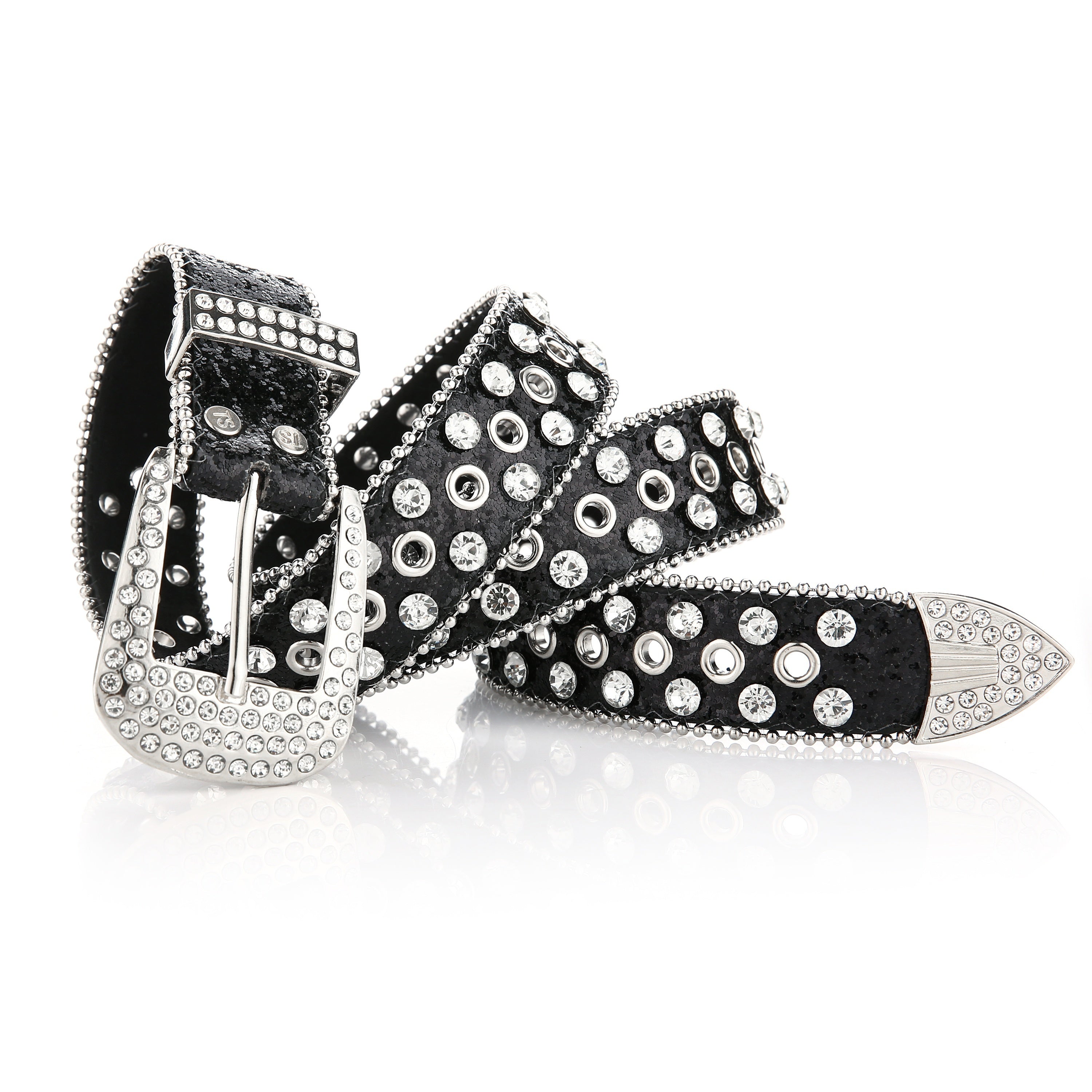 Ayollarlar uchun charm kamar, yaltirab turgan olmoslar, marjon bezaklari va oltin tokchali buckl bilan